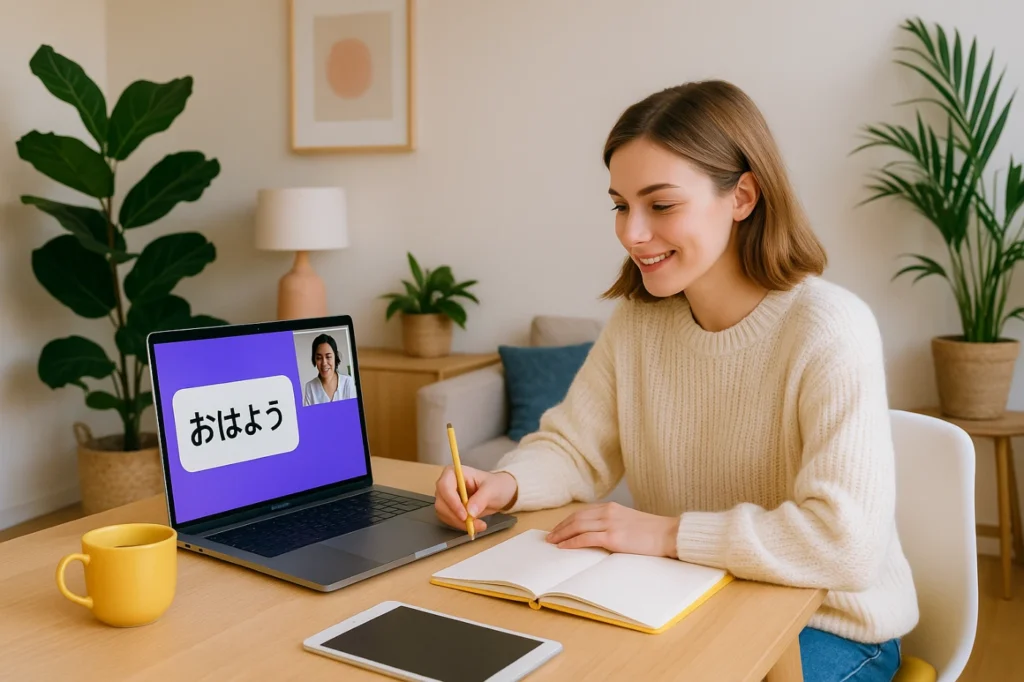 A woman studying online using Japanese phrases for travelers during a 1-on-1 lesson with a native tutor. Japanese Phrases for Travelers: 10 Easy Expressions
