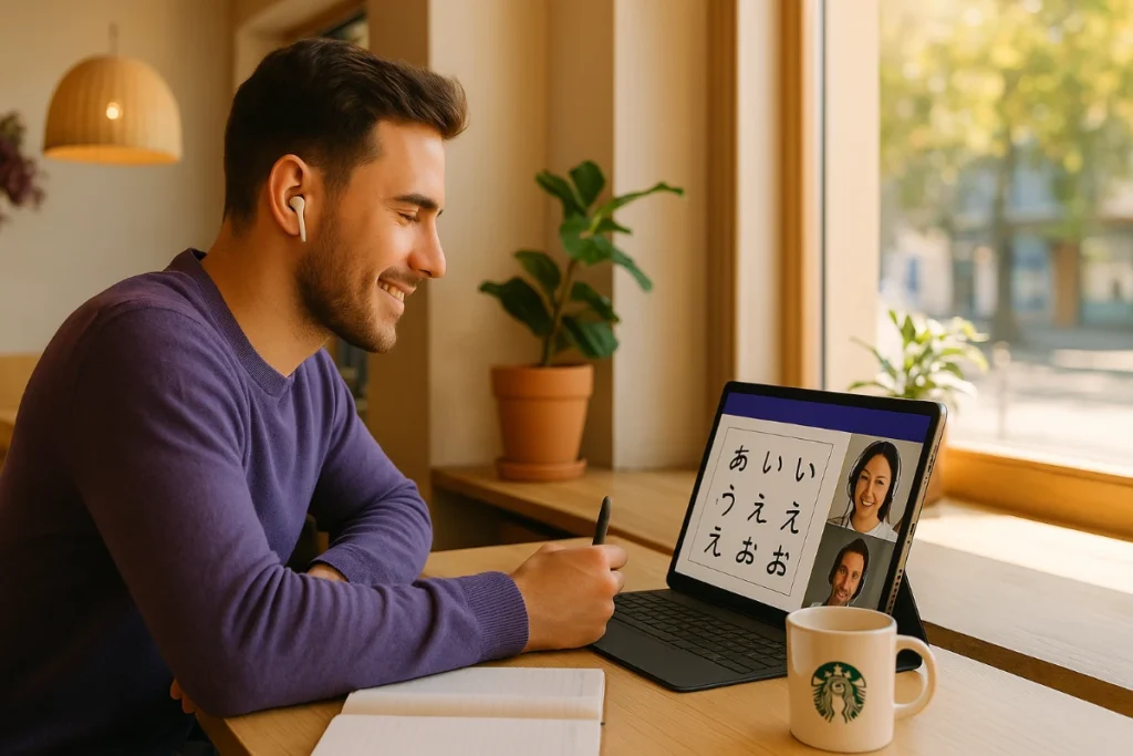 A young man learning common Japanese phrases during a private online lesson via iPad at a cozy Starbucks café.