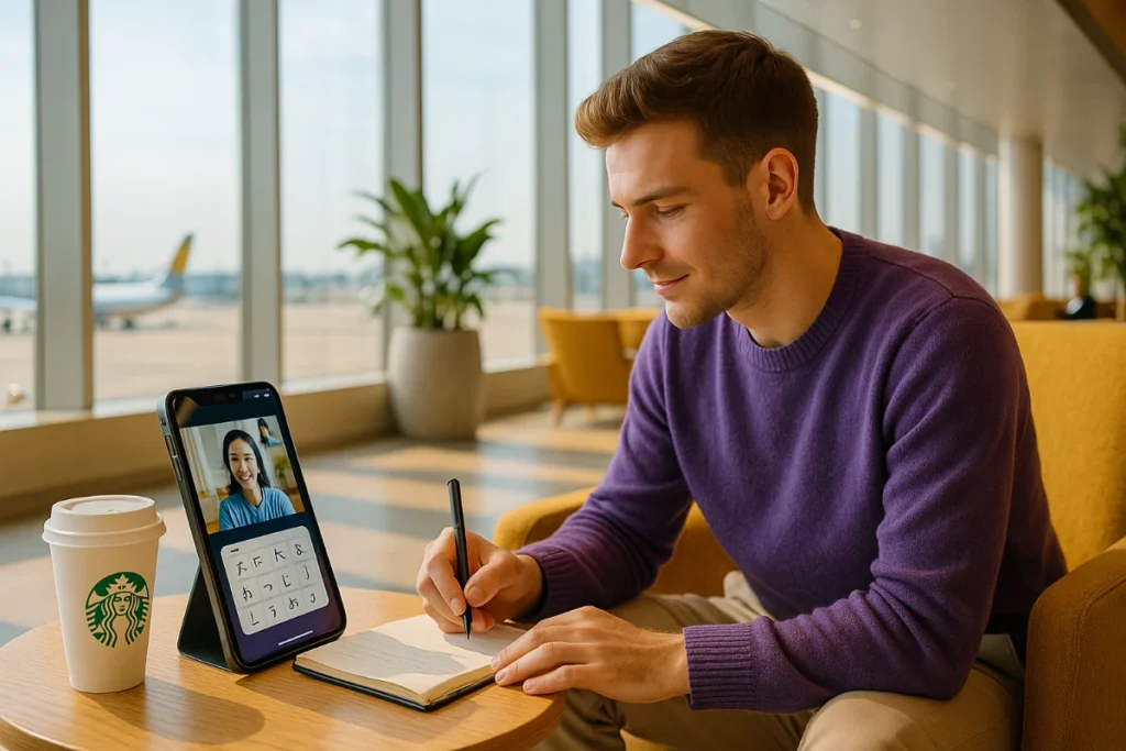 A young man learning Japanese via iPhone 16 Pro while waiting at a stylish, sunny airport lounge before his student visa journey to Japan.