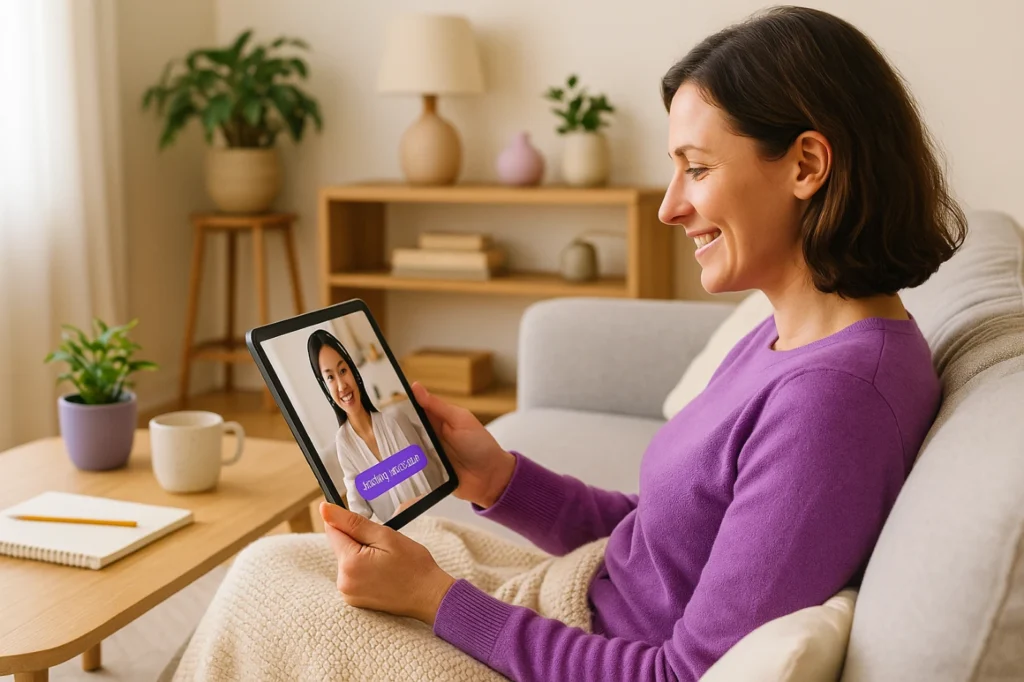 A woman in her 30s using a tablet on the sofa while having a Japanese lesson over Google Meet, studying in a calm and modern living room.