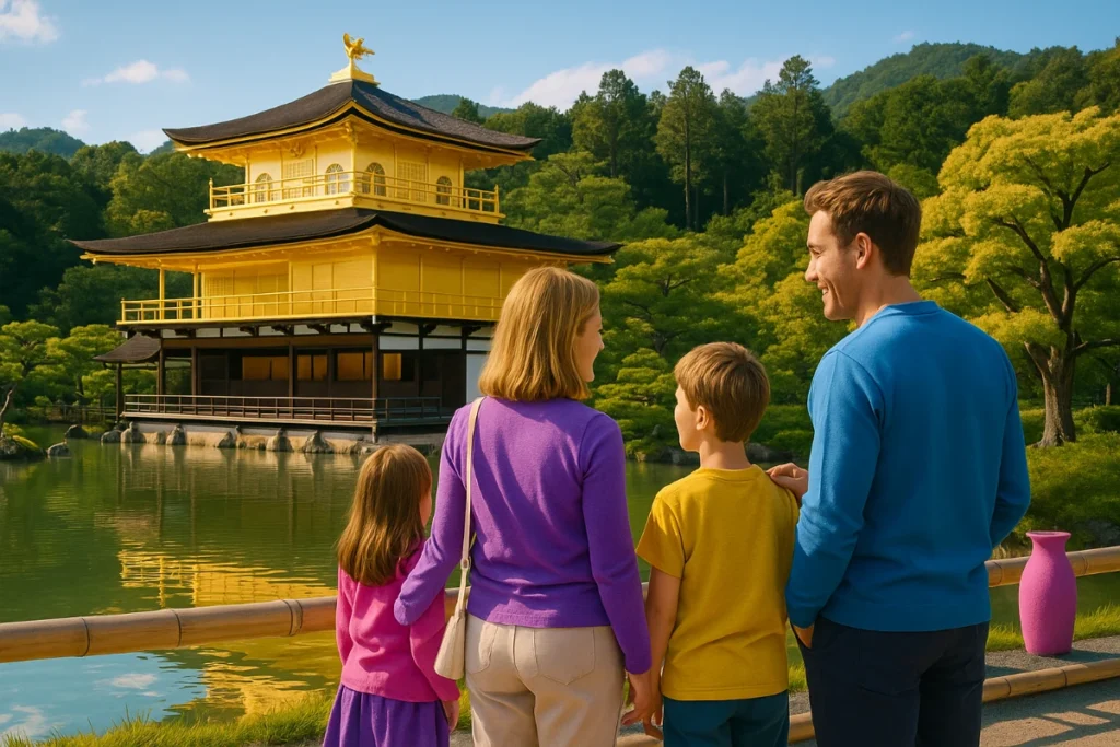 A family visiting Kyoto’s Golden Temple during Golden Week, surrounded by spring greenery and cultural charm, wearing soft pink, yellow, and purple tones.
